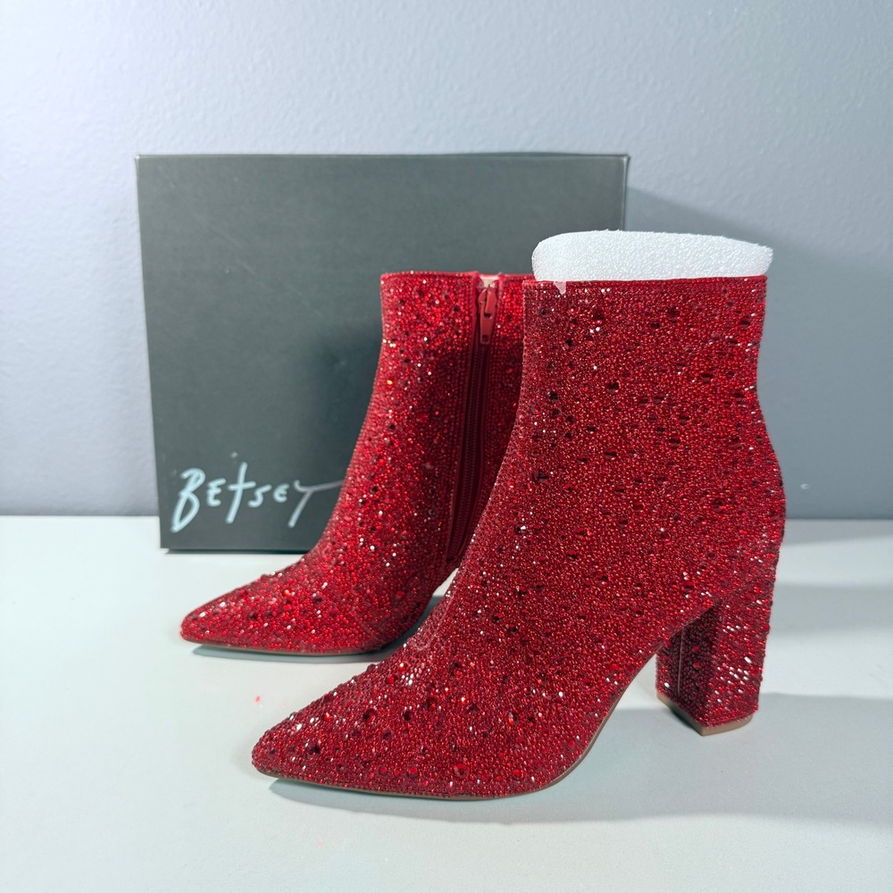 Betsey Johnson SB-Cady Red Rhinestone Glass Stone Block Heel Ankle Boots 5.5M - Picture 9 of 12